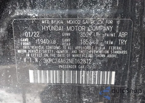 2022 Hyundai Accent Sel из США, поврежденный, VIN 3KPC24A62NE162812